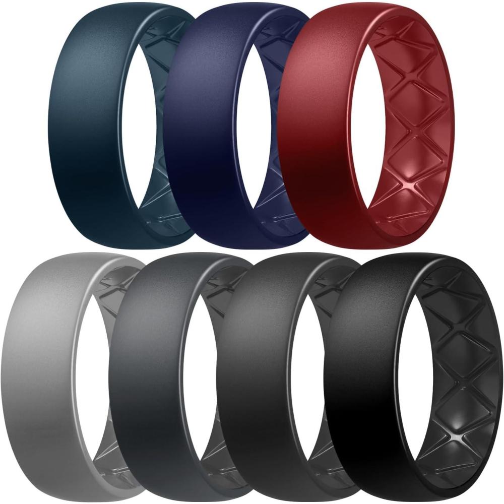 imageEgnaro Mens Silicone Rings 8mm Wide 25mm Thick Multipack Ergonomic Rubber Wedding Bands For Him Breathable Grooves For WorkoutSETA6Navy Blue Midnight Blue Night Brown Light Gray Dark Gray Black Gray Black