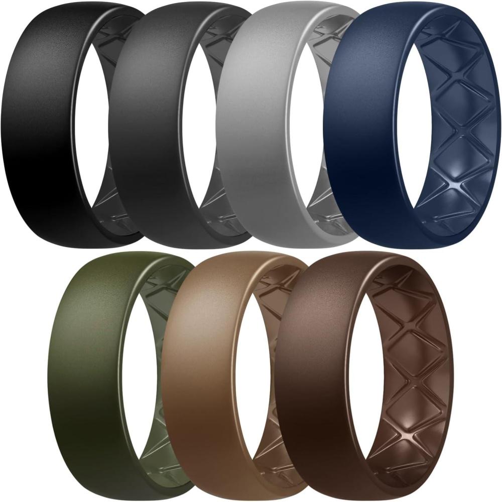 imageEgnaro Mens Silicone Rings 8mm Wide 25mm Thick Multipack Ergonomic Rubber Wedding Bands For Him Breathable Grooves For WorkoutSETB1Black  Black Gray  Light Gray  Midnight Blue  Olive Green  Light Brown  Dark Brown