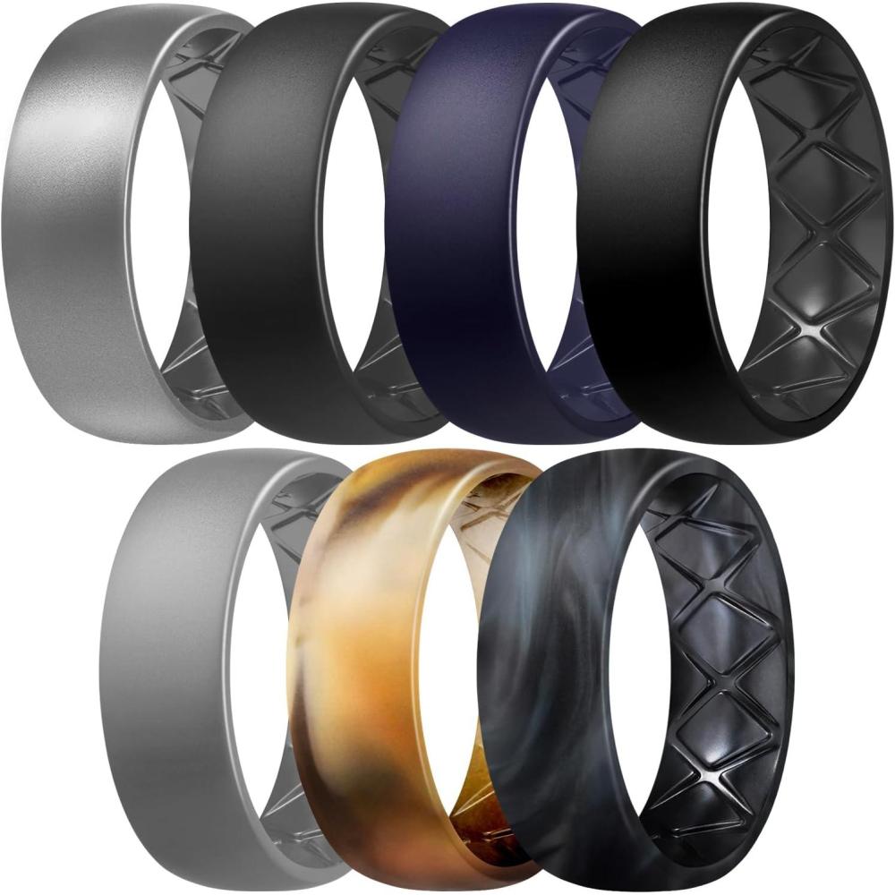 imageEgnaro Mens Silicone Rings 8mm Wide 25mm Thick Multipack Ergonomic Rubber Wedding Bands For Him Breathable Grooves For WorkoutSETB2Silver  Black Gray  Dark Blue  Black  Light Gray  Sand Camo  Black GrayBlack Camo