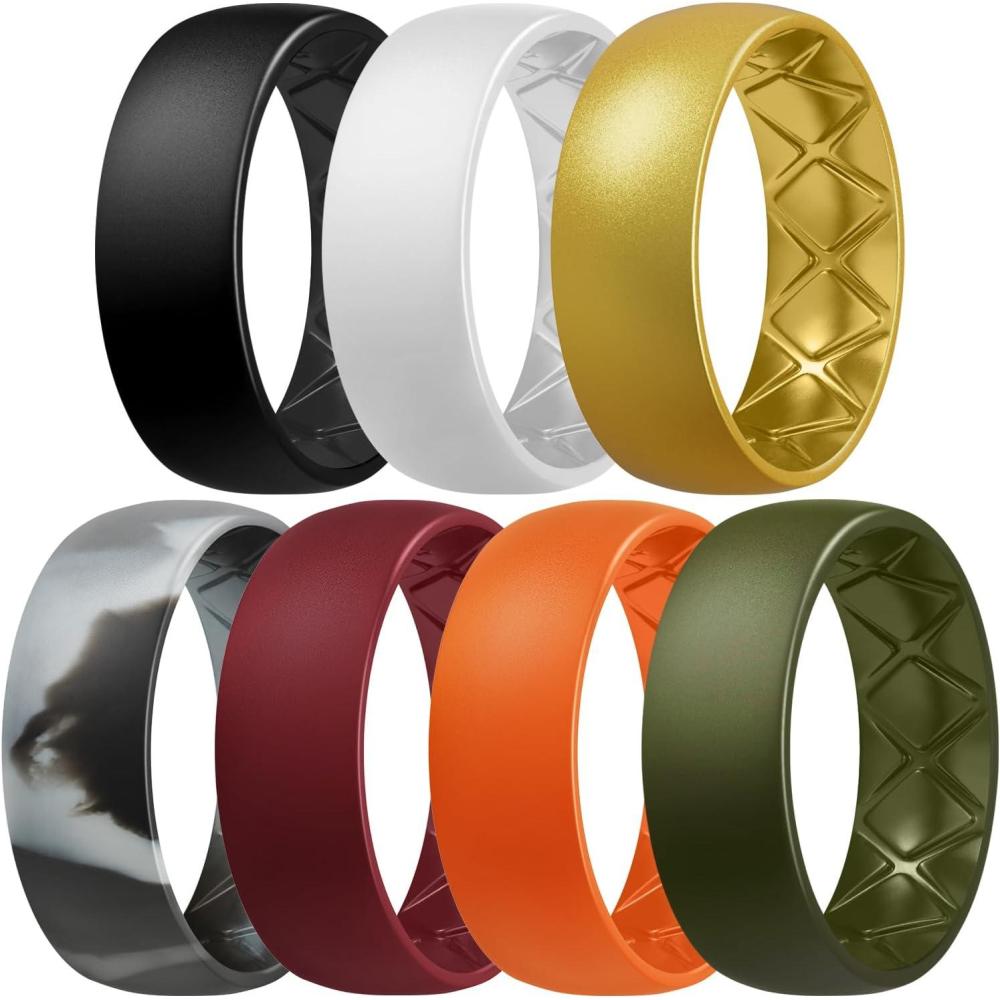 imageEgnaro Mens Silicone Rings 8mm Wide 25mm Thick Multipack Ergonomic Rubber Wedding Bands For Him Breathable Grooves For WorkoutSETB3Black  White  Gold  Black Gray Camo  Maroon  Orange  Olive Green