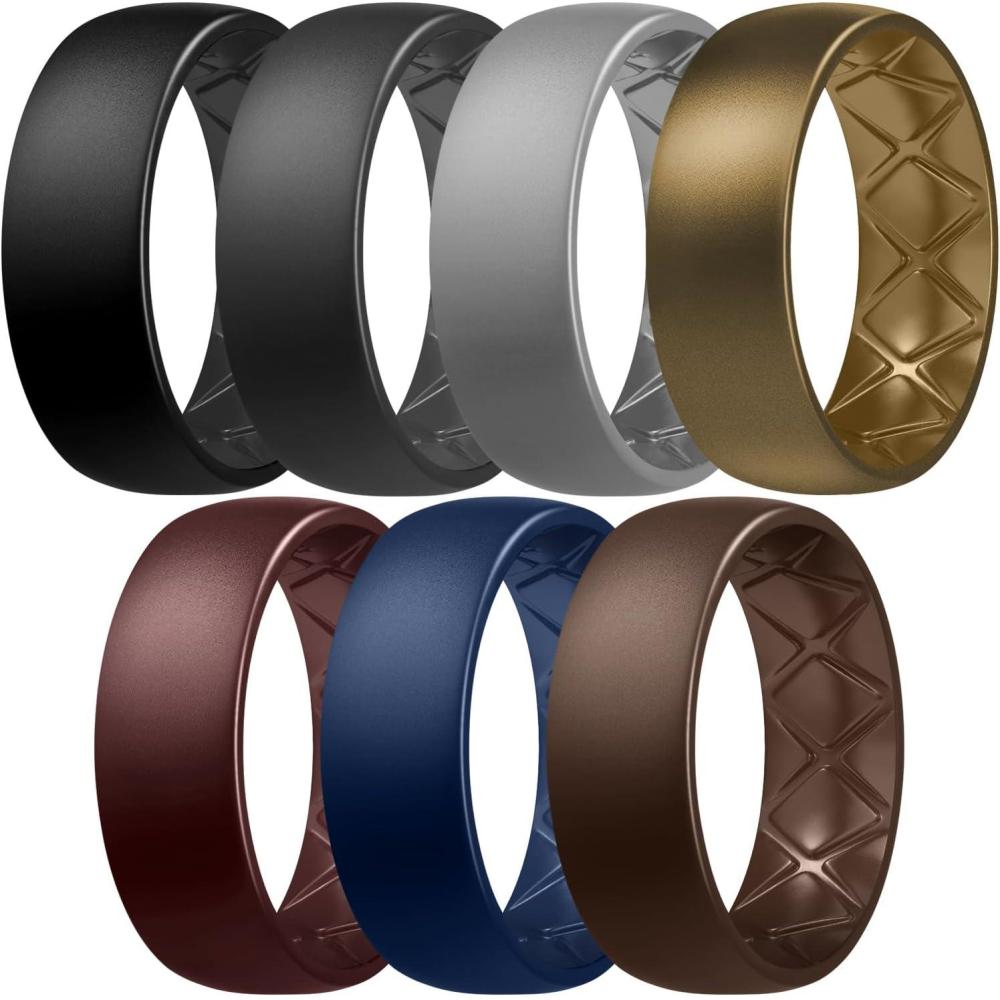 imageEgnaro Mens Silicone Rings 8mm Wide 25mm Thick Multipack Ergonomic Rubber Wedding Bands For Him Breathable Grooves For WorkoutSETB4Black  Black Gray  Light Gray  Bronze  Burgundy  Midnight Blue  Dark Brown