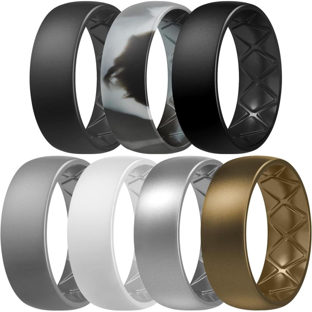 imageEgnaro Mens Silicone Rings 8mm Wide 25mm Thick Multipack Ergonomic Rubber Wedding Bands For Him Breathable Grooves For WorkoutSETB6Dark Gray Black Gray Camo Black Light Gray White Silver Bronze
