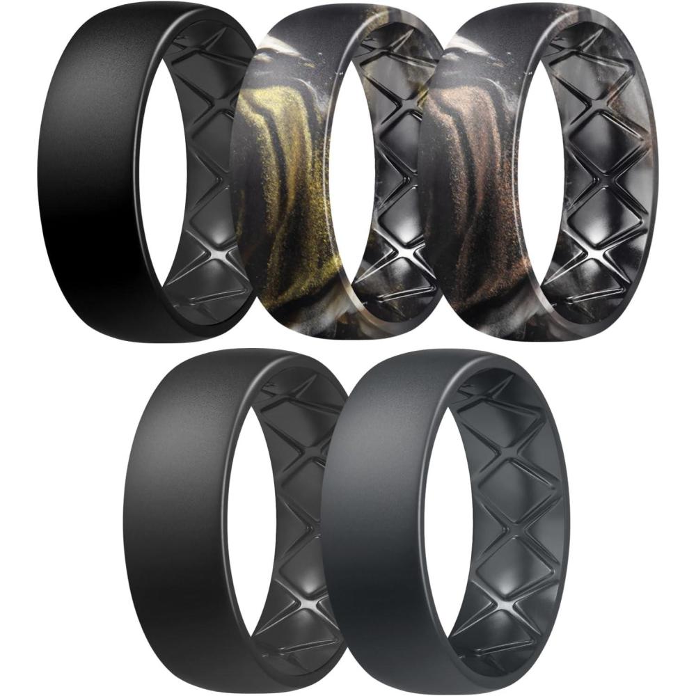 imageEgnaro Mens Silicone Rings 8mm Wide 25mm Thick Multipack Ergonomic Rubber Wedding Bands For Him Breathable Grooves For WorkoutSETC11Black Gold Flow Bronze Flow Black Gray Dark Gray