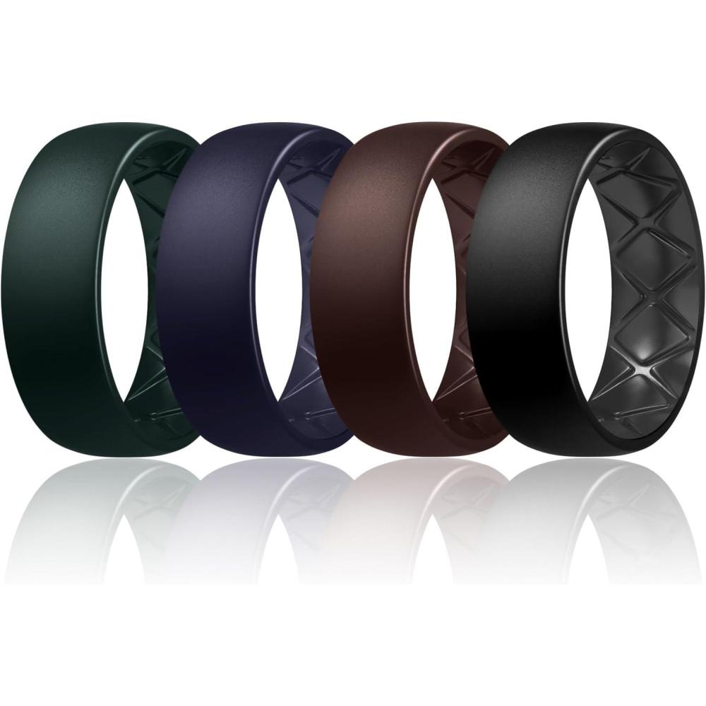imageEgnaro Mens Silicone Rings 8mm Wide 25mm Thick Multipack Ergonomic Rubber Wedding Bands For Him Breathable Grooves For WorkoutSETC12Pine Green  Black Purple  Coffee Brown  Black