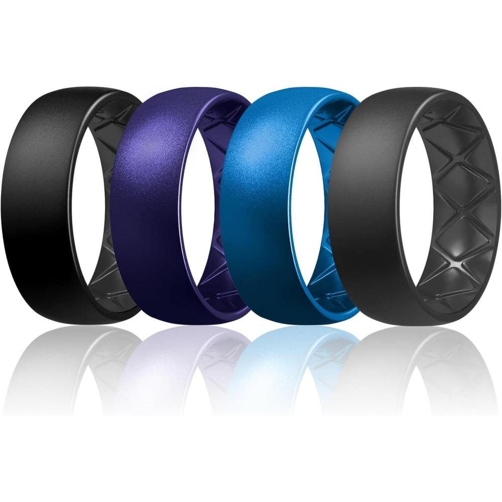 imageEgnaro Mens Silicone Rings 8mm Wide 25mm Thick Multipack Ergonomic Rubber Wedding Bands For Him Breathable Grooves For WorkoutSETC13Black Metallic Purple Metallic Royal Blue Black Gray