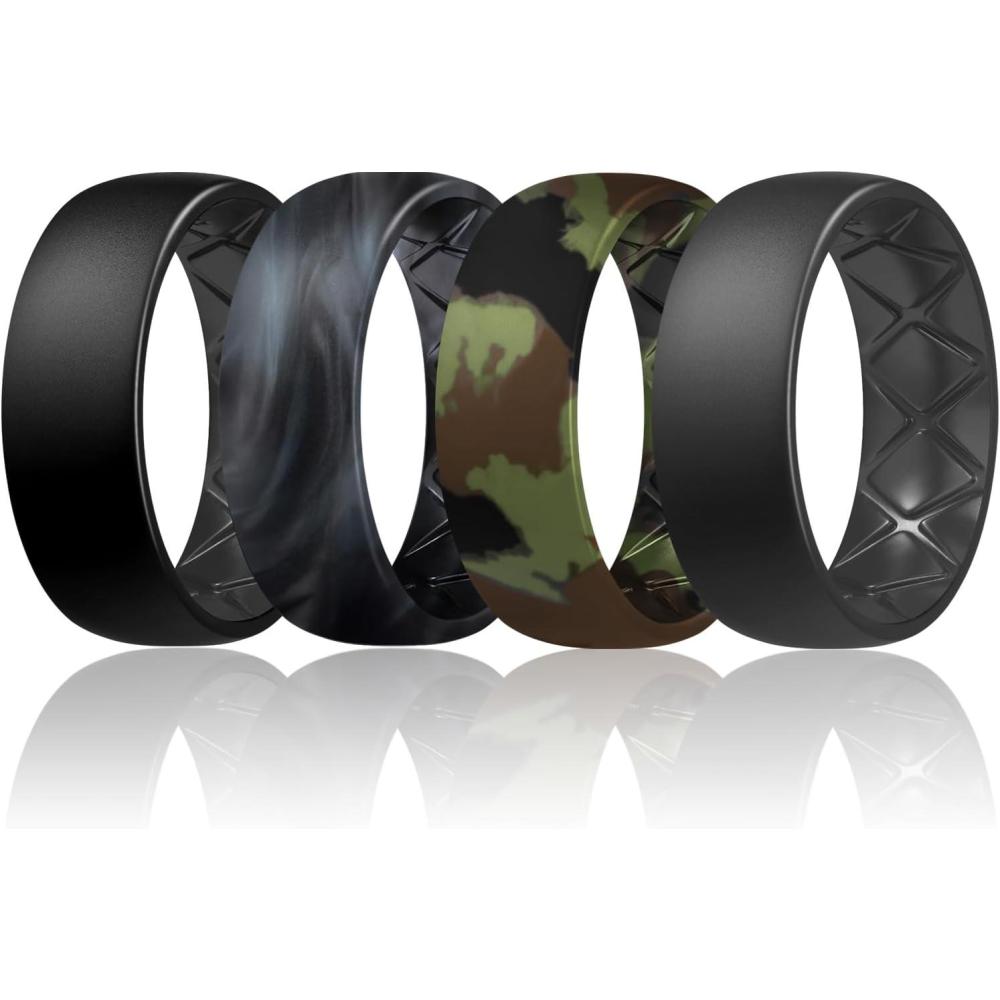 imageEgnaro Mens Silicone Rings 8mm Wide 25mm Thick Multipack Ergonomic Rubber Wedding Bands For Him Breathable Grooves For WorkoutSETC14Black Black Black Gray Black Camo Army Camo Black Gray