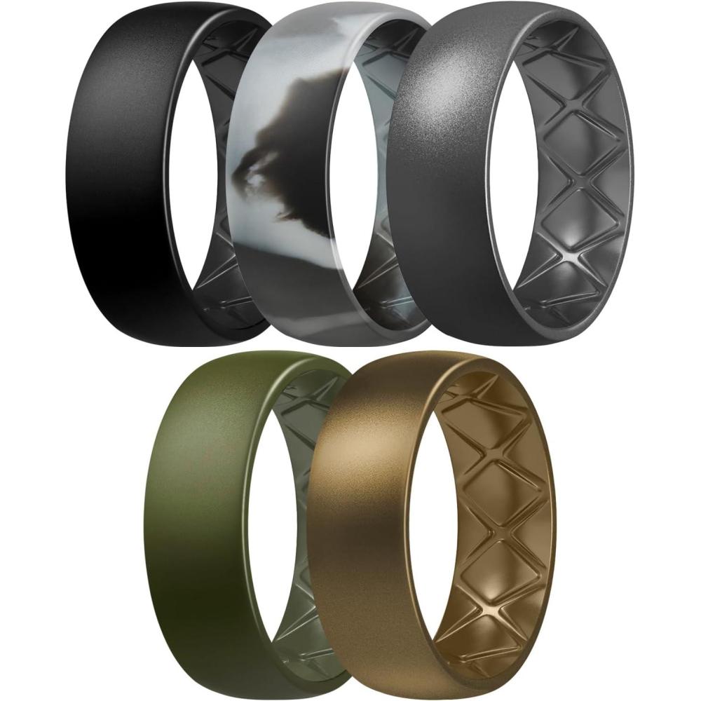 imageEgnaro Mens Silicone Rings 8mm Wide 25mm Thick Multipack Ergonomic Rubber Wedding Bands For Him Breathable Grooves For WorkoutSETC1Black  Black Grey Camo  Dark Silver  Olive Green  Bronze