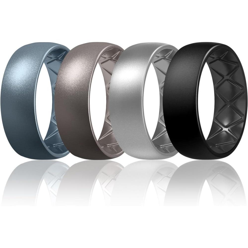 imageEgnaro Mens Silicone Rings 8mm Wide 25mm Thick Multipack Ergonomic Rubber Wedding Bands For Him Breathable Grooves For WorkoutSETC2Metallic Blue Metallic Gun Silver Black
