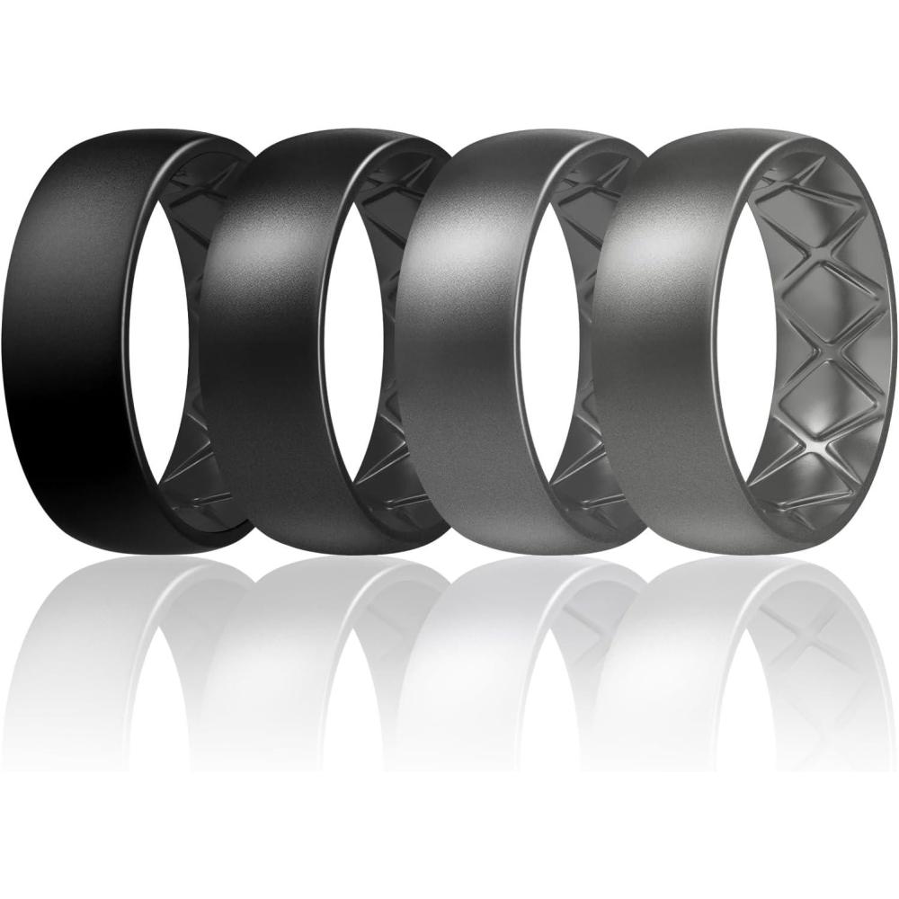 imageEgnaro Mens Silicone Rings 8mm Wide 25mm Thick Multipack Ergonomic Rubber Wedding Bands For Him Breathable Grooves For WorkoutSETC4Black  Metallic Black  Metallic Black Gray  Steel