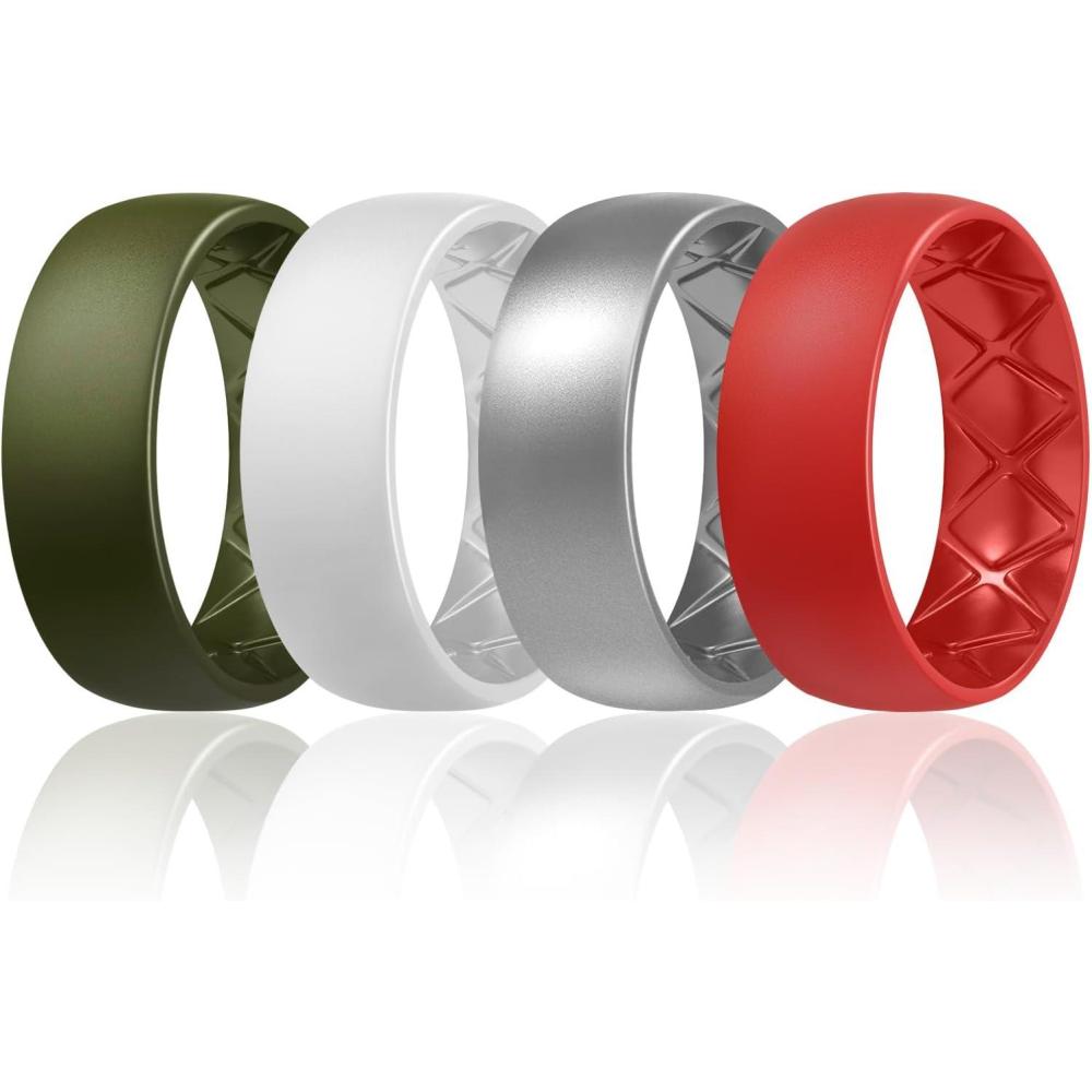 imageEgnaro Mens Silicone Rings 8mm Wide 25mm Thick Multipack Ergonomic Rubber Wedding Bands For Him Breathable Grooves For WorkoutSETC6Olive Green  White  Silver  Red