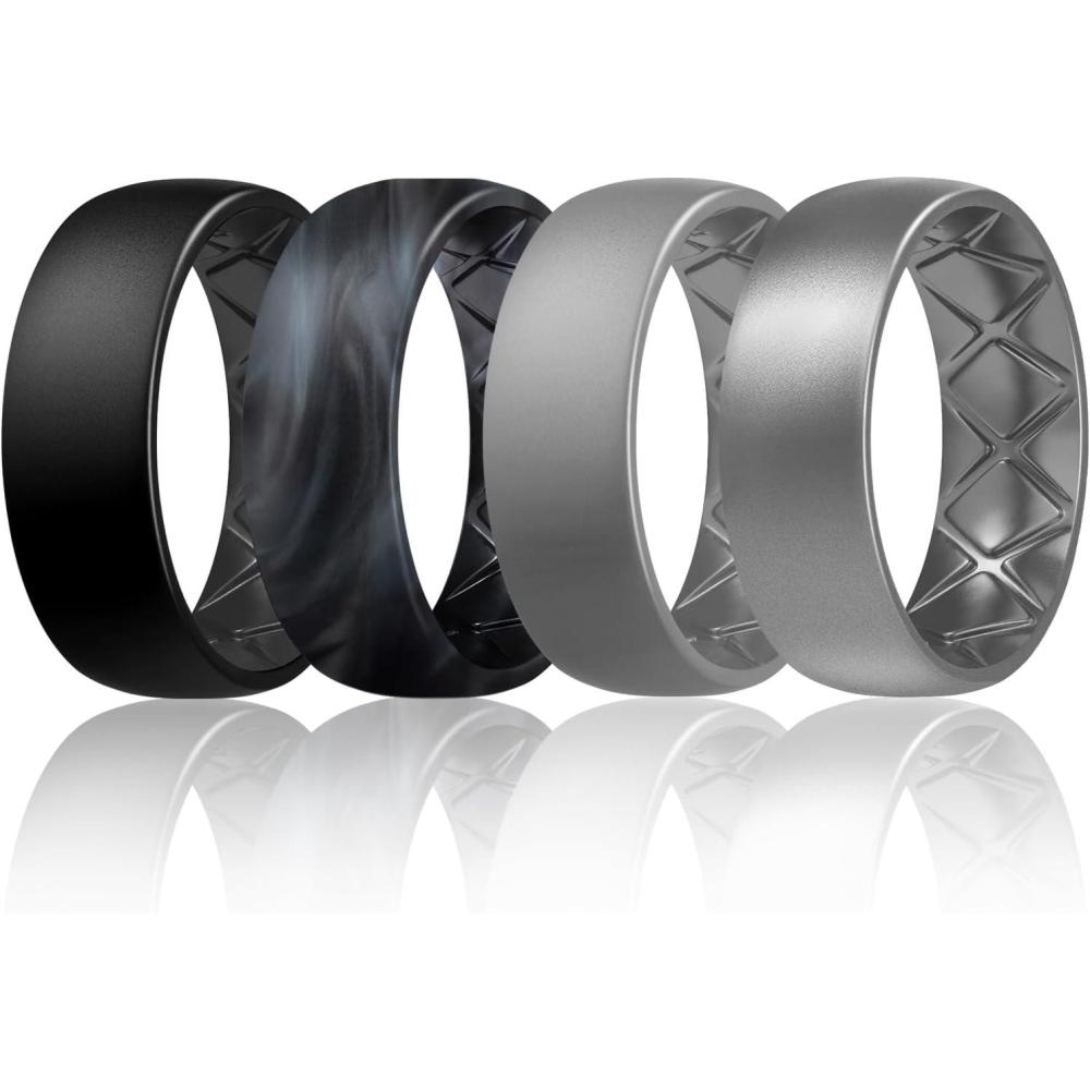 imageEgnaro Mens Silicone Rings 8mm Wide 25mm Thick Multipack Ergonomic Rubber Wedding Bands For Him Breathable Grooves For WorkoutSETC7Black Black GrayBlack Camo Light Gray Silver