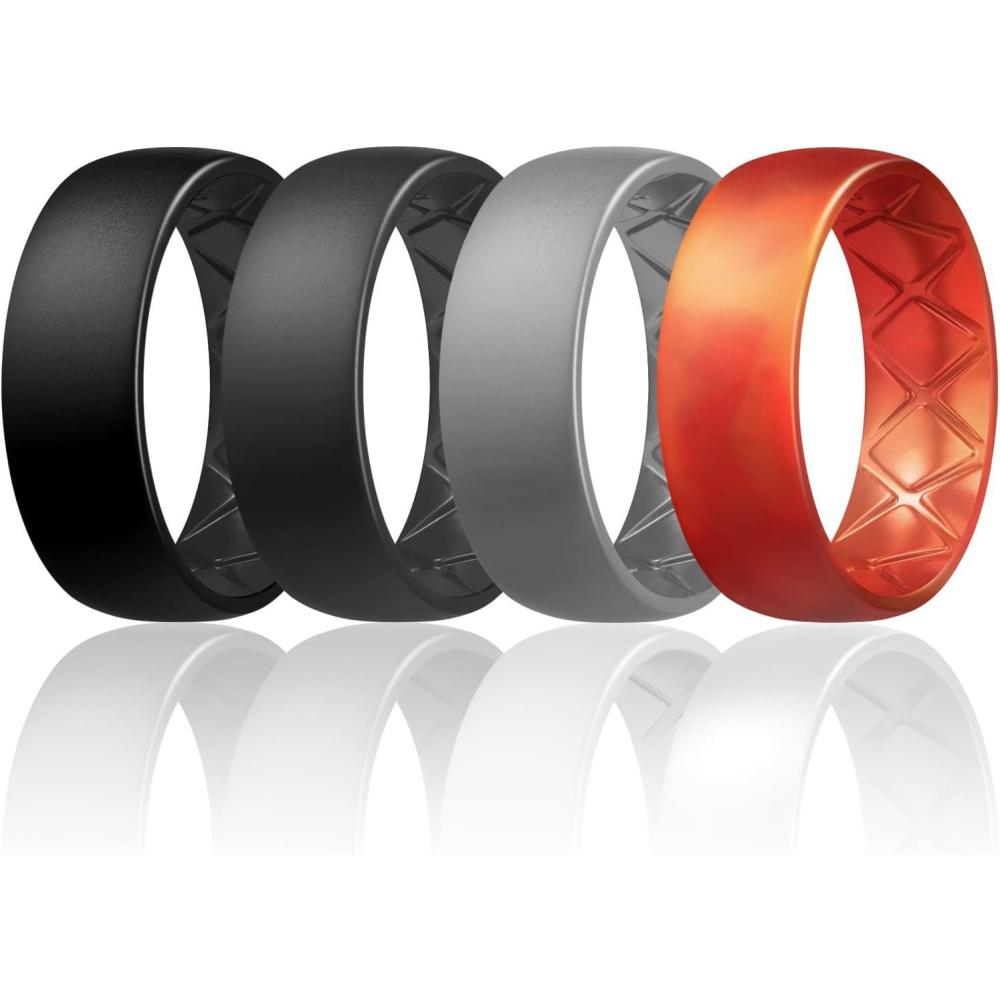 imageEgnaro Mens Silicone Rings 8mm Wide 25mm Thick Multipack Ergonomic Rubber Wedding Bands For Him Breathable Grooves For WorkoutSETC8Black  Black Gray  Light Gray  Fire Camo