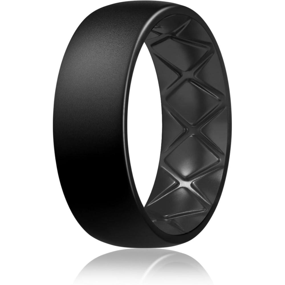imageEgnaro Mens Silicone Rings 8mm Wide 25mm Thick Multipack Ergonomic Rubber Wedding Bands For Him Breathable Grooves For WorkoutSETD1Black