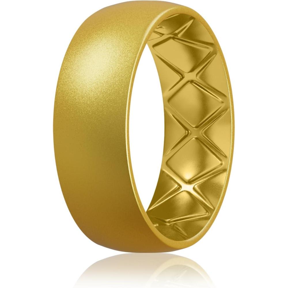 imageEgnaro Mens Silicone Rings 8mm Wide 25mm Thick Multipack Ergonomic Rubber Wedding Bands For Him Breathable Grooves For WorkoutSETD2Gold