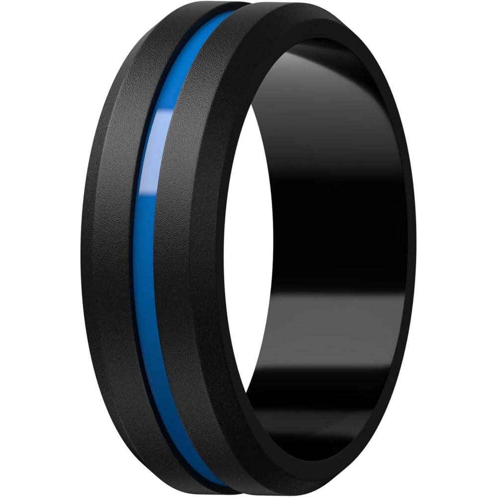 imageEgnaro Mens Silicone Wedding Rings 82mm x 26mm Middle Engraved Rubber Engagement Bands 146 Multipack For WorkoutA1BlackReflex Blue