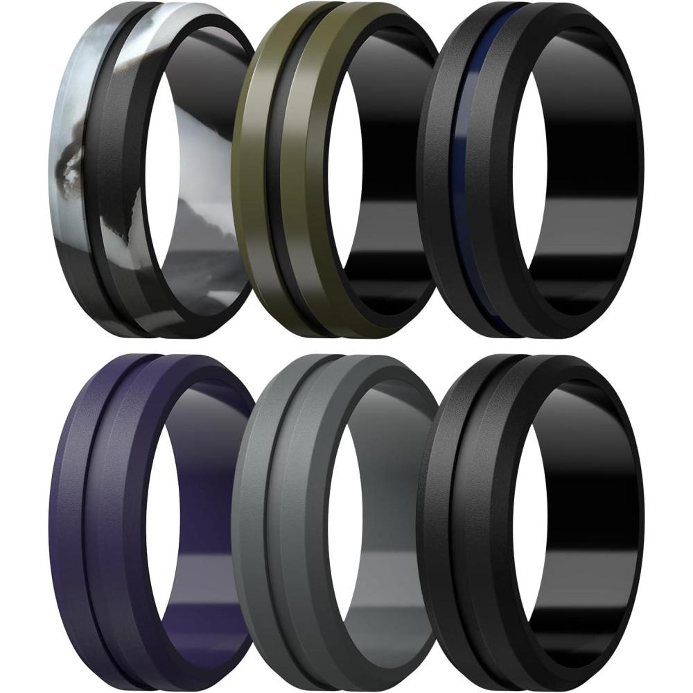 imageEgnaro Mens Silicone Wedding Rings  82mm x 26mm Middle Engraved Rubber Engagement Bands 146 Multipack For WorkoutC3Black Gray Camo  Olive GreenBlack  BlackNight Blue  Black Purple  Black Gray  Black
