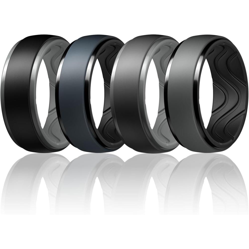 imageEgnaro Mens Silicone Wedding Rings 10mm Wide 25mm Thick Rubber Ring Hypoallergenic for GymOutdoorGiftSETDBlackLight Gray Blue GrayBlack Dark GrayBlack Black GrayLight Gray