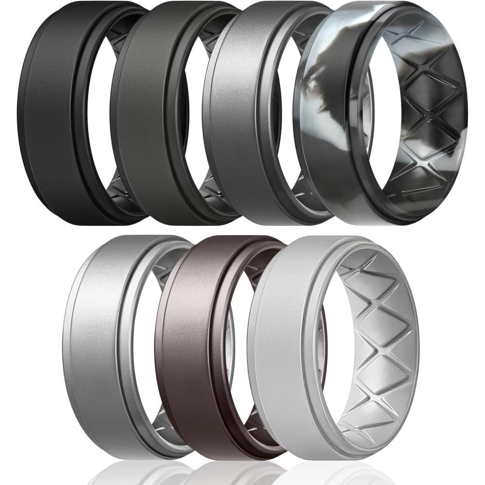 imageEgnaro Mens Silicone Wedding Rings 8mm x 2mm Step Edge Rubber Engagement Bands 147 Multipack Comfort For Workout TravelA1Black  Black Gray  Dark Silver  Black Gray Camo  Silver  Metallic Gun  Light Gray