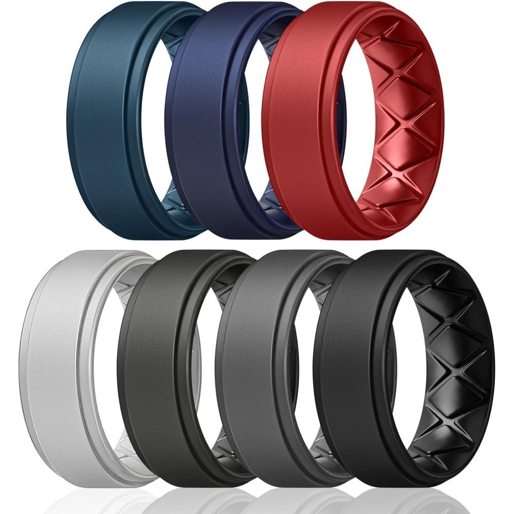 imageEgnaro Mens Silicone Wedding Rings 8mm x 2mm Step Edge Rubber Engagement Bands 147 Multipack Comfort For Workout TravelA2Twilight Blue  Dark Blue  Red  Light Gray  Black Gray  Dark Gray  Black