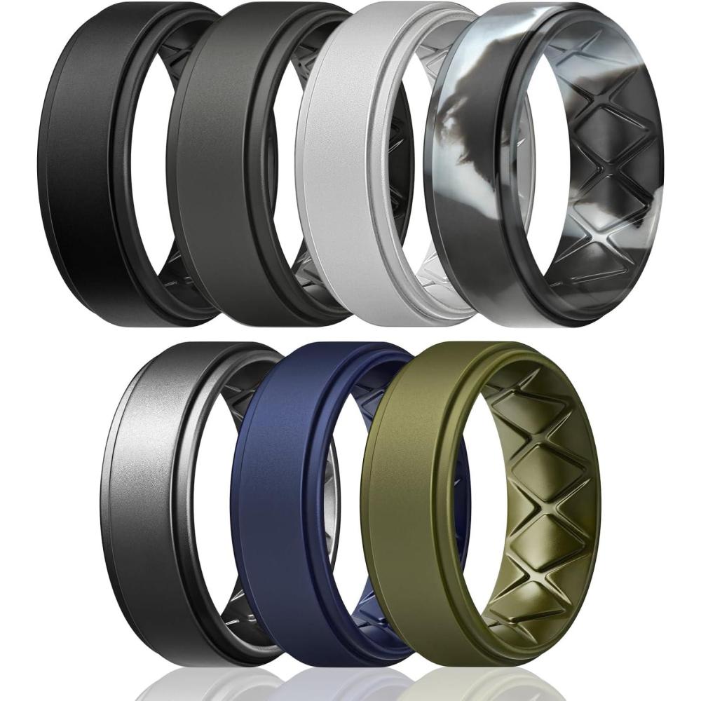 imageEgnaro Mens Silicone Wedding Rings 8mm x 2mm Step Edge Rubber Engagement Bands 147 Multipack Comfort For Workout TravelA4Black  Black Gray  Light Gray  Black Gray Camo  Dark Silver  Dark Blue  Olive Green