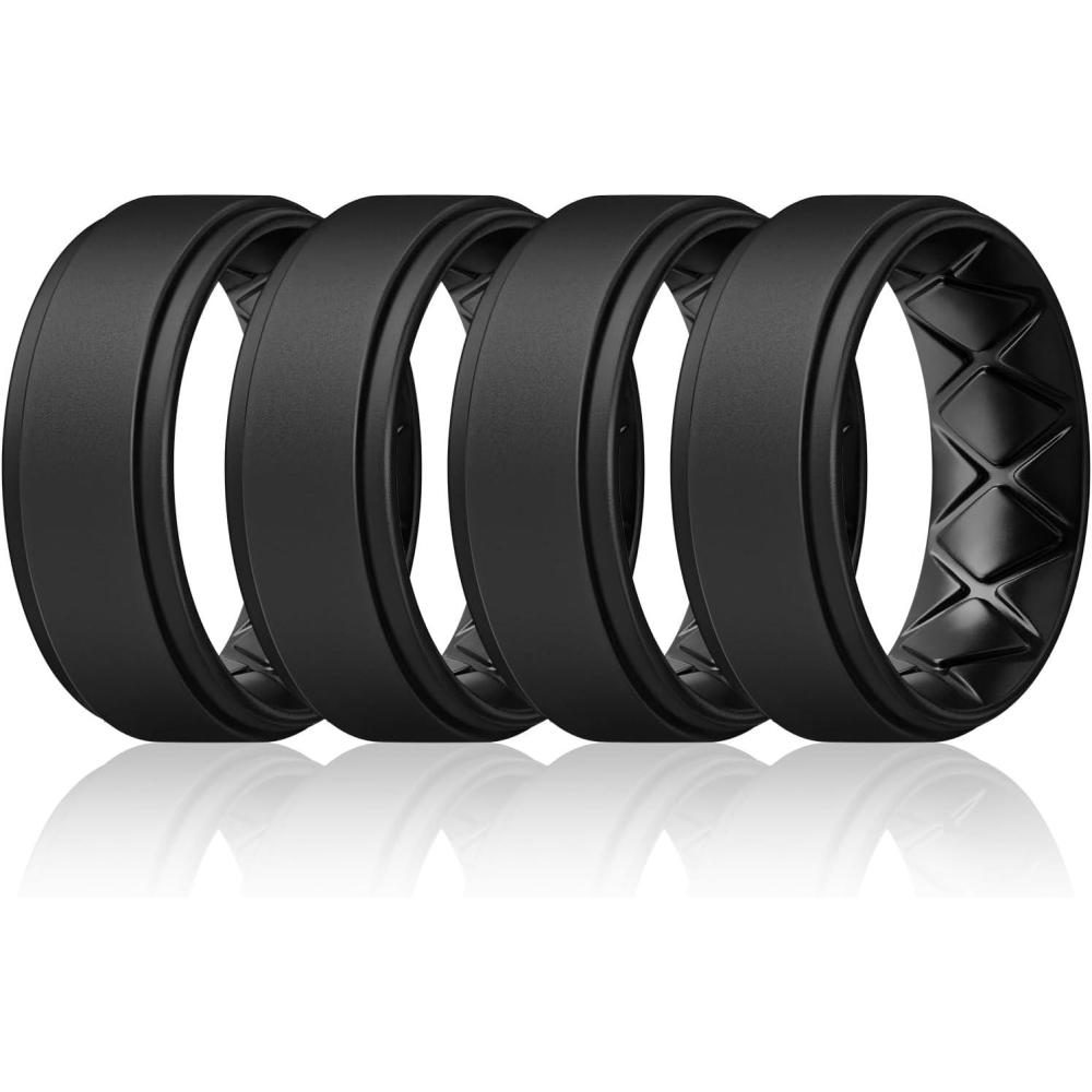 imageEgnaro Mens Silicone Wedding Rings 8mm x 2mm Step Edge Rubber Engagement Bands 147 Multipack Comfort For Workout TravelB1Black Black Black Black