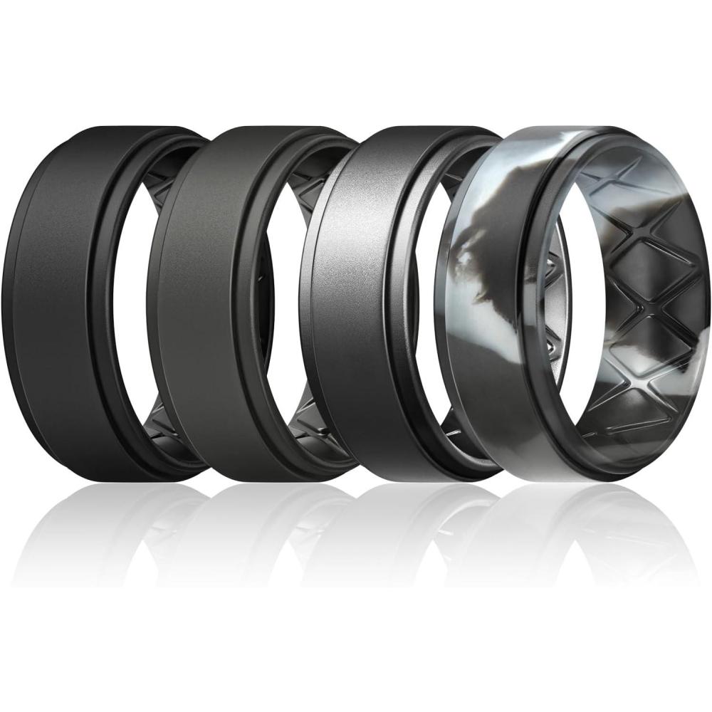 imageEgnaro Mens Silicone Wedding Rings 8mm x 2mm Step Edge Rubber Engagement Bands 147 Multipack Comfort For Workout TravelC2Black Black Gray Dark Silver Black Gray Camo
