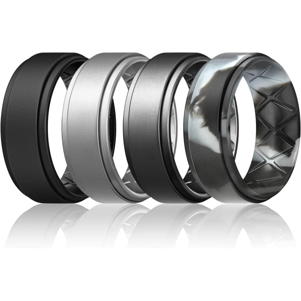 imageEgnaro Mens Silicone Wedding Rings 8mm x 2mm Step Edge Rubber Engagement Bands 147 Multipack Comfort For Workout TravelC3Black  Silver  Dark Silver  Black Gray Camo