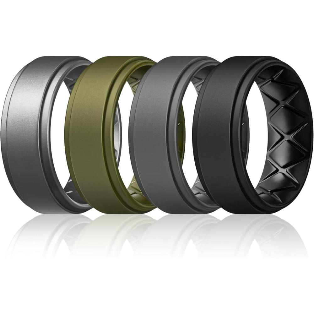 imageEgnaro Mens Silicone Wedding Rings 8mm x 2mm Step Edge Rubber Engagement Bands 147 Multipack Comfort For Workout TravelC5Dark Silver Olive Green Dark Gray Black