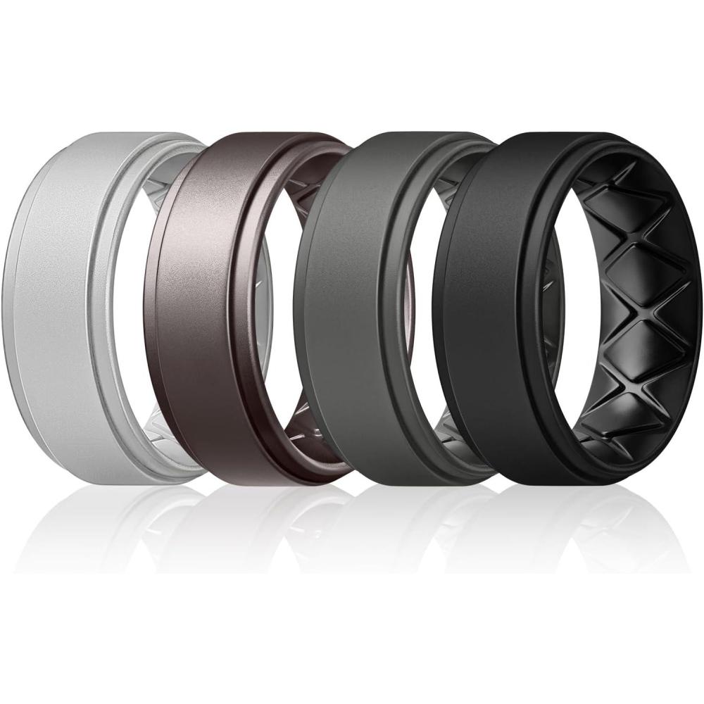 imageEgnaro Mens Silicone Wedding Rings 8mm x 2mm Step Edge Rubber Engagement Bands 147 Multipack Comfort For Workout TravelC6White Gray  Metallic Gun  Black Gray  Black