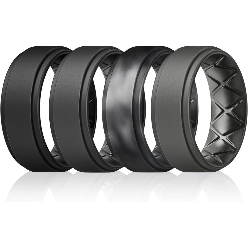 imageEgnaro Mens Silicone Wedding Rings 8mm x 2mm Step Edge Rubber Engagement Bands 147 Multipack Comfort For Workout TravelC7Black Dark Gray Black Gray Black Camo