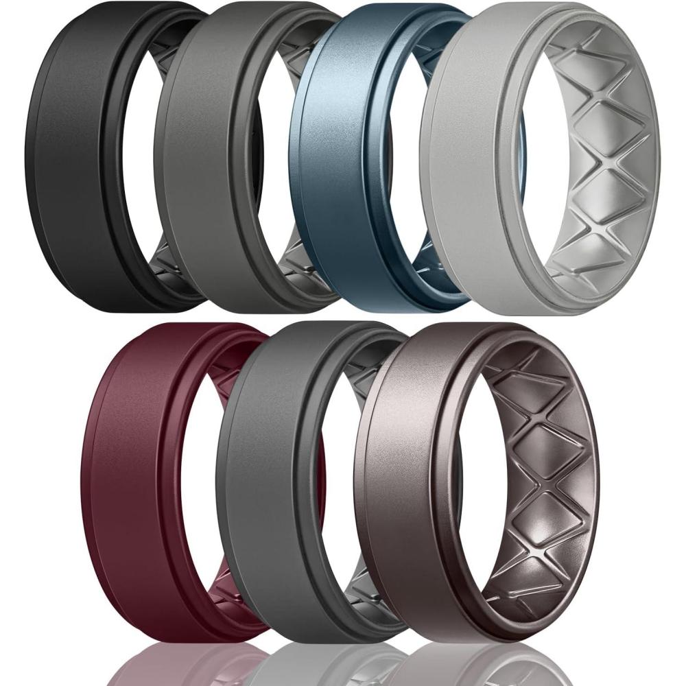 imageEgnaro Mens Silicone Wedding Rings 8mm x 2mm Step Edge Rubber Engagement Bands 147 Multipack Comfort For Workout TravelD2Black Dark Gray Metallic Blue Light Gray Maroon Black Gray Metallic Gun