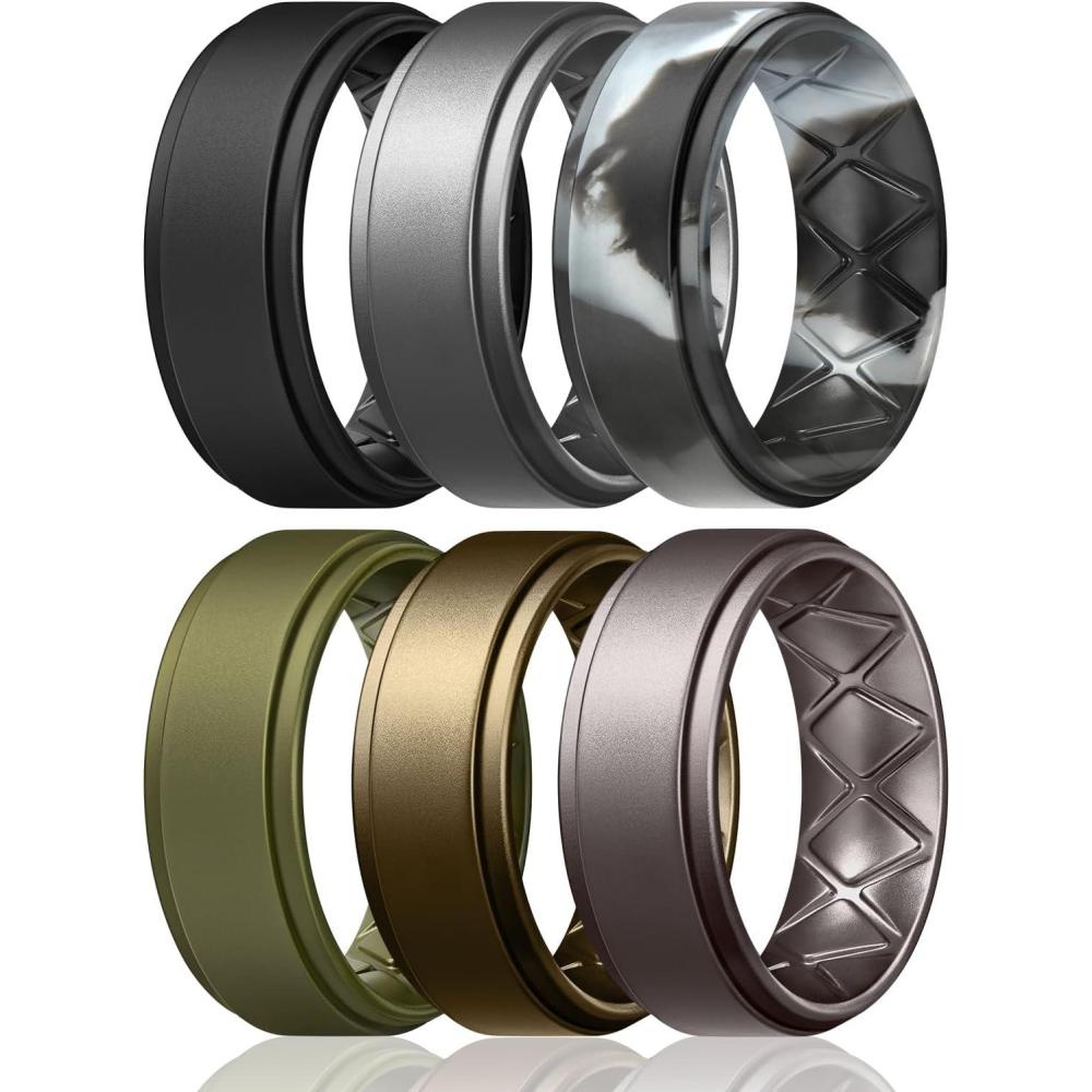 imageEgnaro Mens Silicone Wedding Rings 8mm x 2mm Step Edge Rubber Engagement Bands 147 Multipack Comfort For Workout TravelD6Black  Dark Silver  Black Gray Camo  Olive Green  Bronze  Metallic Gun