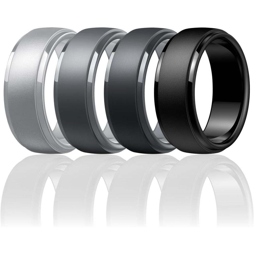 imageEgnaro Mens Silicone Wedding Rings Classic Black Style Rubber ring  Hypoallergenic for GymOutdoorGift147 Variety Pack with Half SizeSETDSilver Black Gray Dark Gray Black