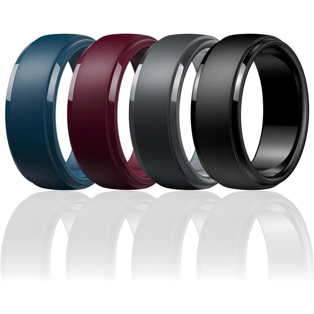 imageEgnaro Mens Silicone Wedding Rings Classic Black Style Rubber ring  Hypoallergenic for GymOutdoorGift147 Variety Pack with Half SizeSETFBlack Gray Maroon Twilight Blue Black