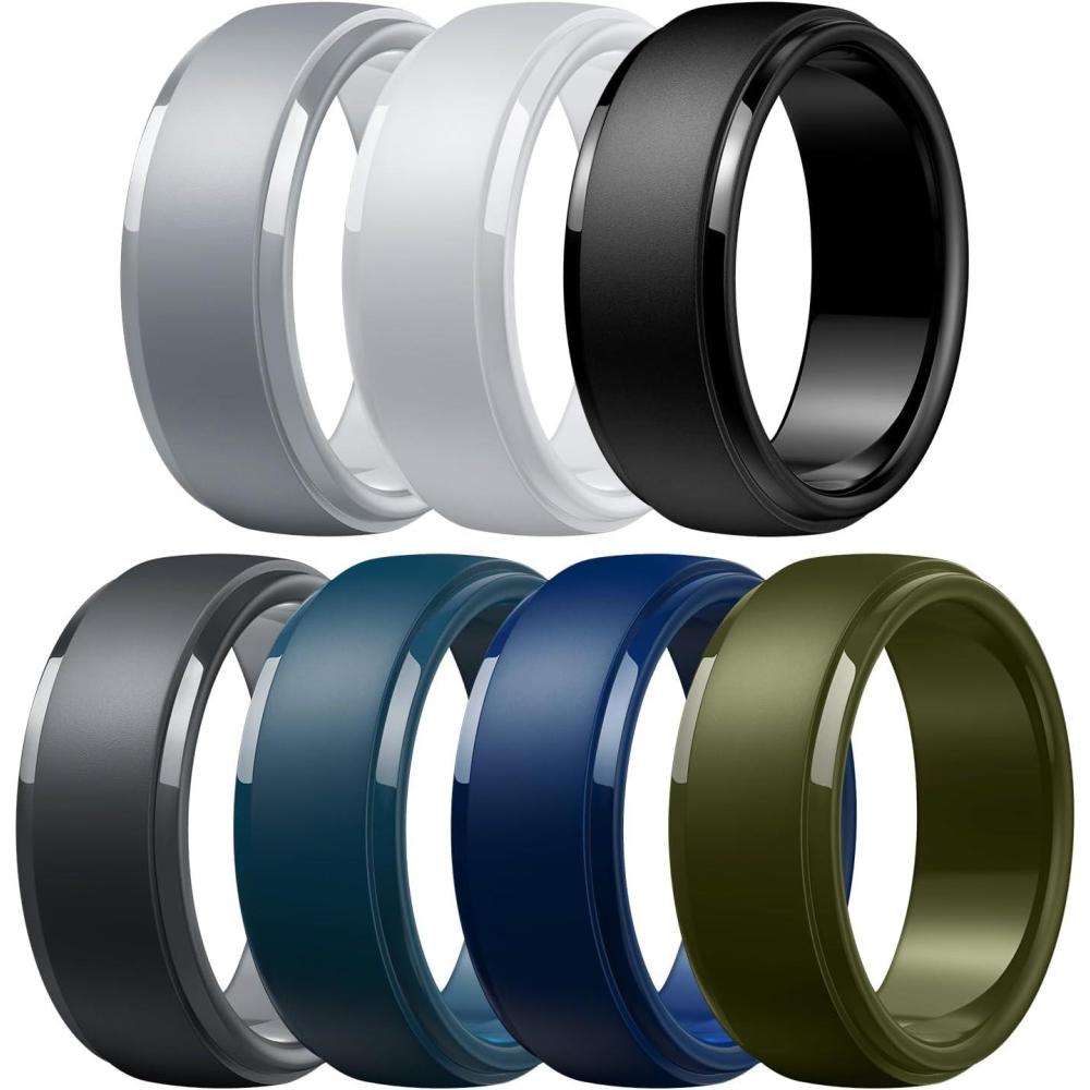 imageEgnaro Mens Silicone Wedding Rings Classic Black Style Rubber ring  Hypoallergenic for GymOutdoorGift147 Variety Pack with Half SizeSETHLight Gray White Black Black Gray Twilight Blue Dark Blue Olive Green