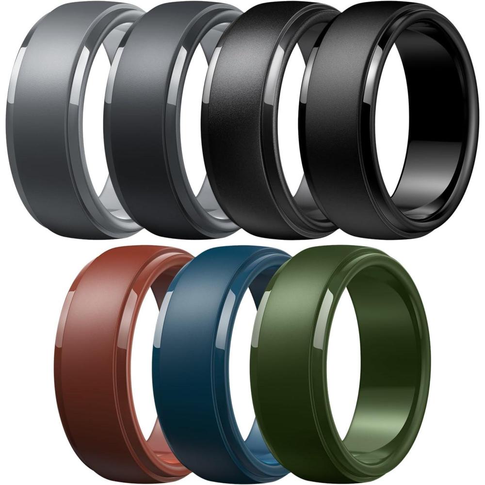 imageEgnaro Mens Silicone Wedding Rings Classic Black Style Rubber ring  Hypoallergenic for GymOutdoorGift147 Variety Pack with Half SizeSETIMetallic Black Black Gray Dark Gray Twilight Blue Chestnut Red Dark Foliage Green Black