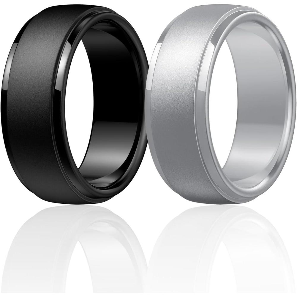 imageEgnaro Mens Silicone Wedding Rings Classic Black Style Rubber ring  Hypoallergenic for GymOutdoorGift147 Variety Pack with Half SizeSETNSilver Black