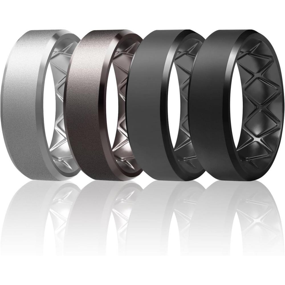 imageEgnaro Silicone Ring For Men 9mm Wide 25mm Thick Rubber Wedding Bands Ergonomic Breathable Design Flexible Engagement RingsSETA2Silver  Metallic Gun  Dark Gray  Black