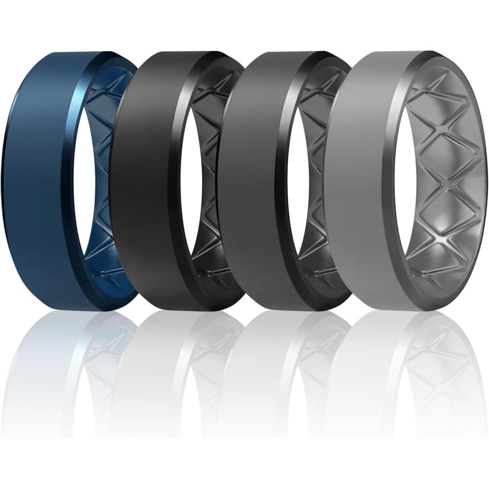 imageEgnaro Silicone Ring For Men 9mm Wide 25mm Thick Rubber Wedding Bands Ergonomic Breathable Design Flexible Engagement RingsSETA4Dark Blue  Black  Black Gray  Dark Gray