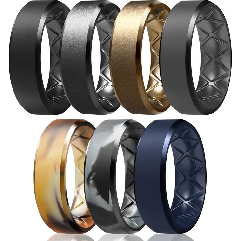 imageEgnaro Silicone Ring For Men 9mm Wide 25mm Thick Rubber Wedding Bands Ergonomic Breathable Design Flexible Engagement RingsSETB2Camo Sand  Black Gray Camo  Midnight Blue  Black  Black Gray  Bronze  Dark Silver