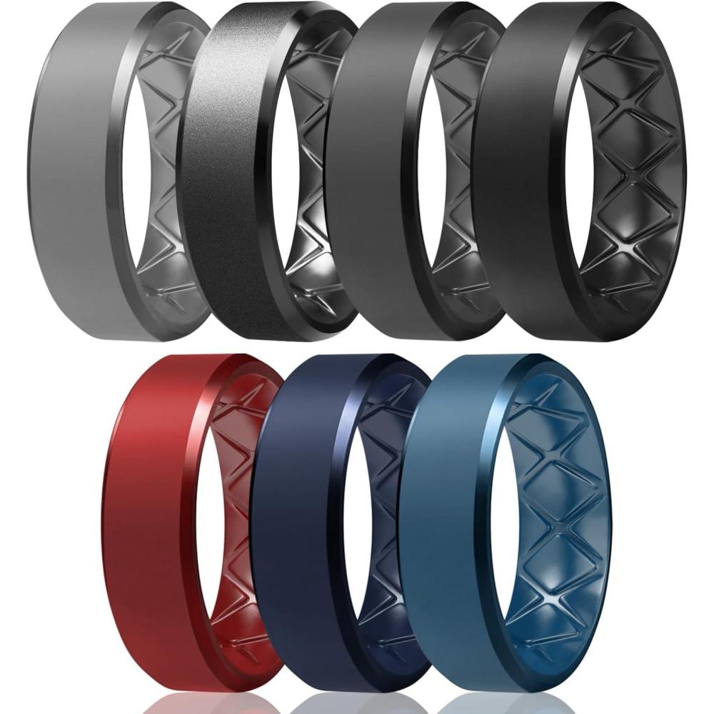 imageEgnaro Silicone Ring For Men 9mm Wide 25mm Thick Rubber Wedding Bands Ergonomic Breathable Design Flexible Engagement RingsSETB5Red  Navy Blue  Midnight Blue  Black  Black Gray  Dark Gray  Dark Silver