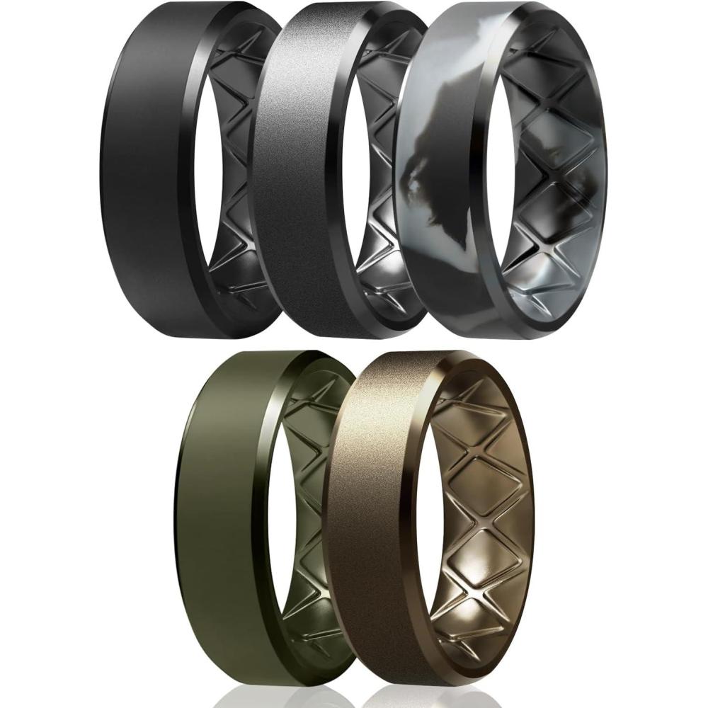 imageEgnaro Silicone Ring For Men 9mm Wide 25mm Thick Rubber Wedding Bands Ergonomic Breathable Design Flexible Engagement RingsSETR6Black Dark Silver Black Gray Camo Olive Bronze