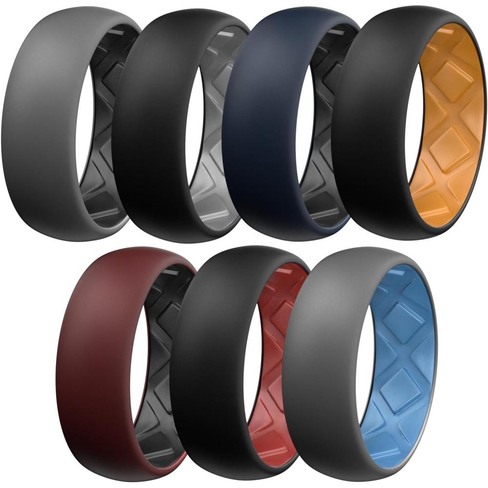 imageEgnaro Silicone Ring Men 14567 Multipack of Breathable Mens Silicone Rubber Wedding Rings Bands with Air Flow GroovesSETA1 GreyBlack  BlackDark Gray  Dark BlueBlack  BlackOrange  Dark RedBlack BlackRed  GreySky Blue