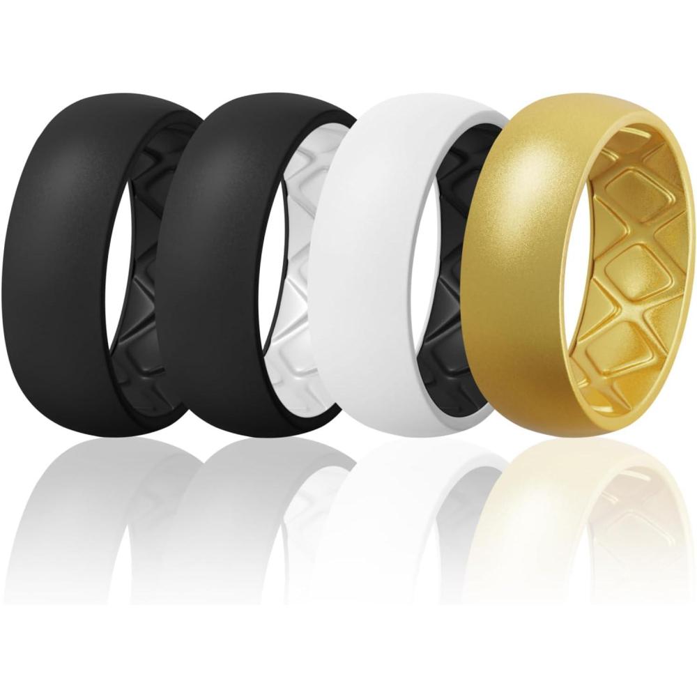 imageEgnaro Silicone Ring Men 14567 Multipack of Breathable Mens Silicone Rubber Wedding Rings Bands with Air Flow GroovesSETD1 Black  BlackWhite  WhiteBlack  Gold