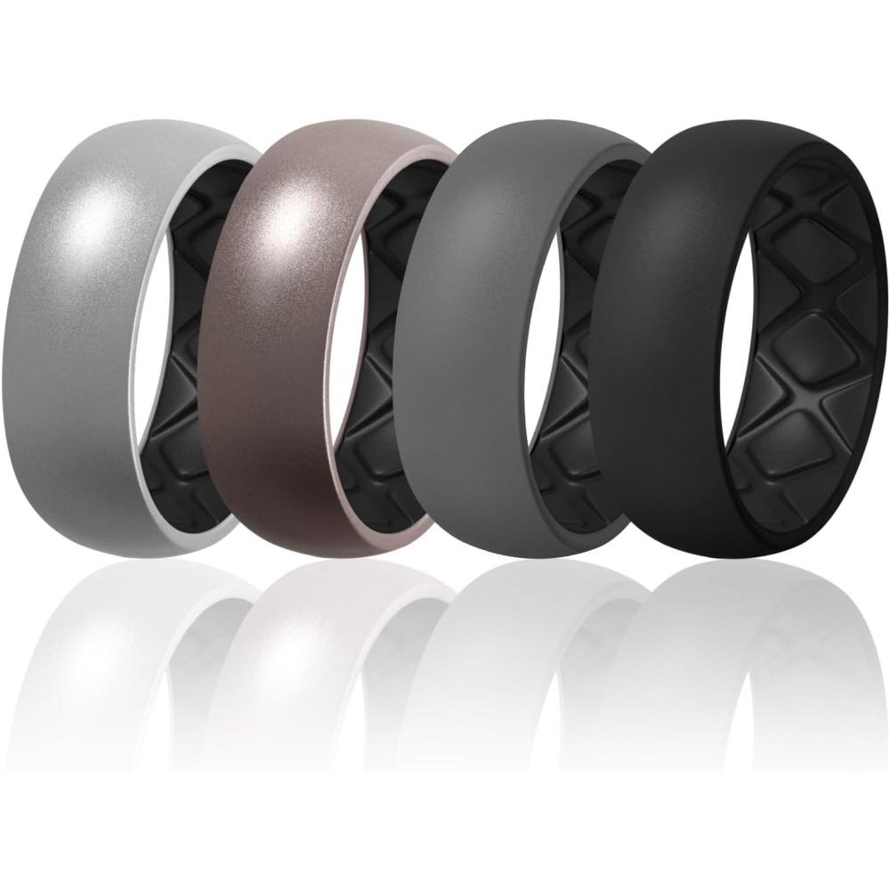 imageEgnaro Silicone Ring Men 14567 Multipack of Breathable Mens Silicone Rubber Wedding Rings Bands with Air Flow GroovesSETD2 Metallic SilverBlack Metallic PlatinumBlack Black GrayBlack Black