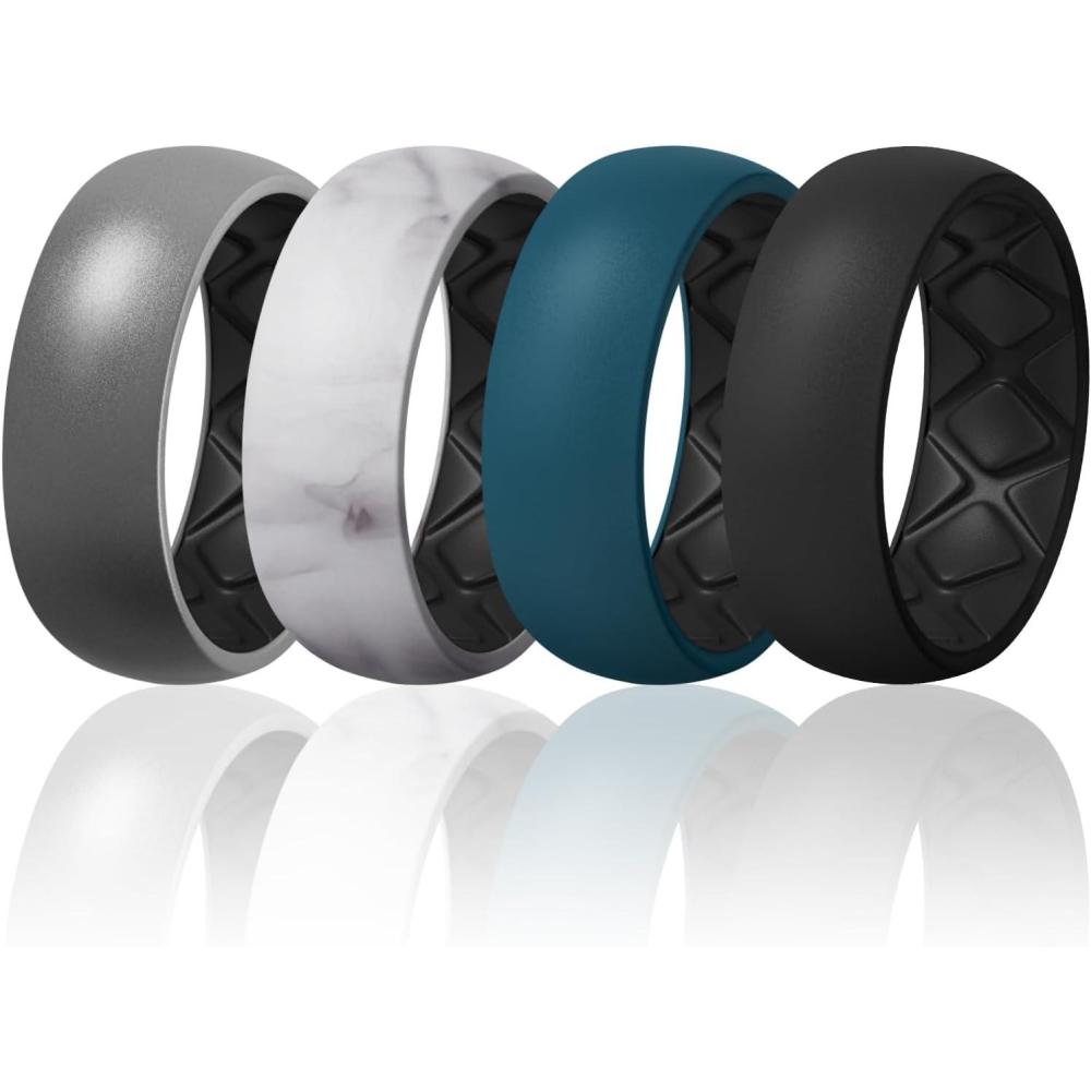 imageEgnaro Silicone Ring Men 14567 Multipack of Breathable Mens Silicone Rubber Wedding Rings Bands with Air Flow GroovesSETD3 Dark SilverBlack MarbleBlack Dark BlueBlack Black