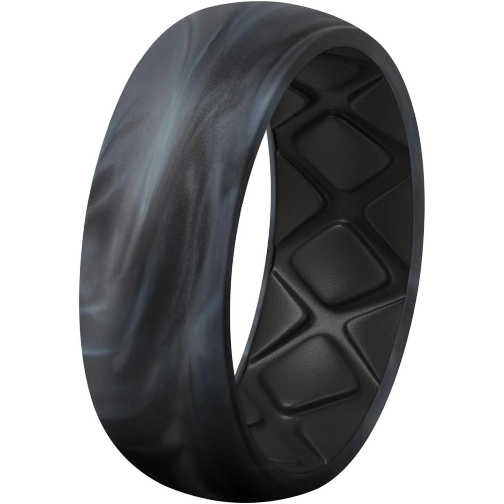 imageEgnaro Silicone Ring Men 14567 Multipack of Breathable Mens Silicone Rubber Wedding Rings Bands with Air Flow GroovesSETF2 Gray CamoBlack