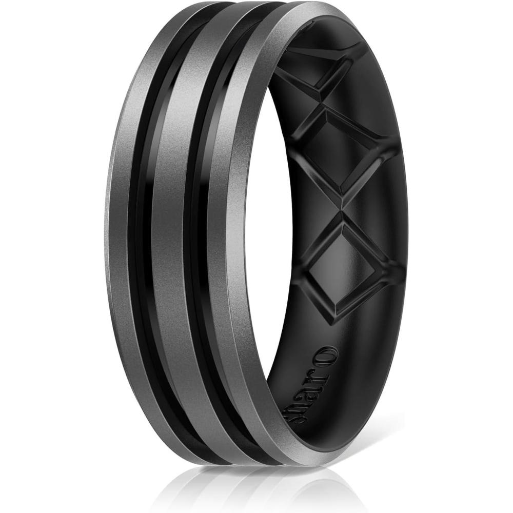 imageEgnaro Silicone Ring for Him with 2 Layers Multicolor Rubber Wedding Bands with Air Flow Grooves1467 Variety MultipackSETA1 Dark SilverBlack