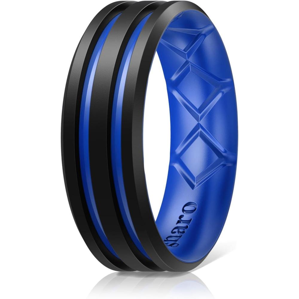 imageEgnaro Silicone Ring for Him with 2 Layers Multicolor Rubber Wedding Bands with Air Flow Grooves1467 Variety MultipackSETA2 BlackLight Blue