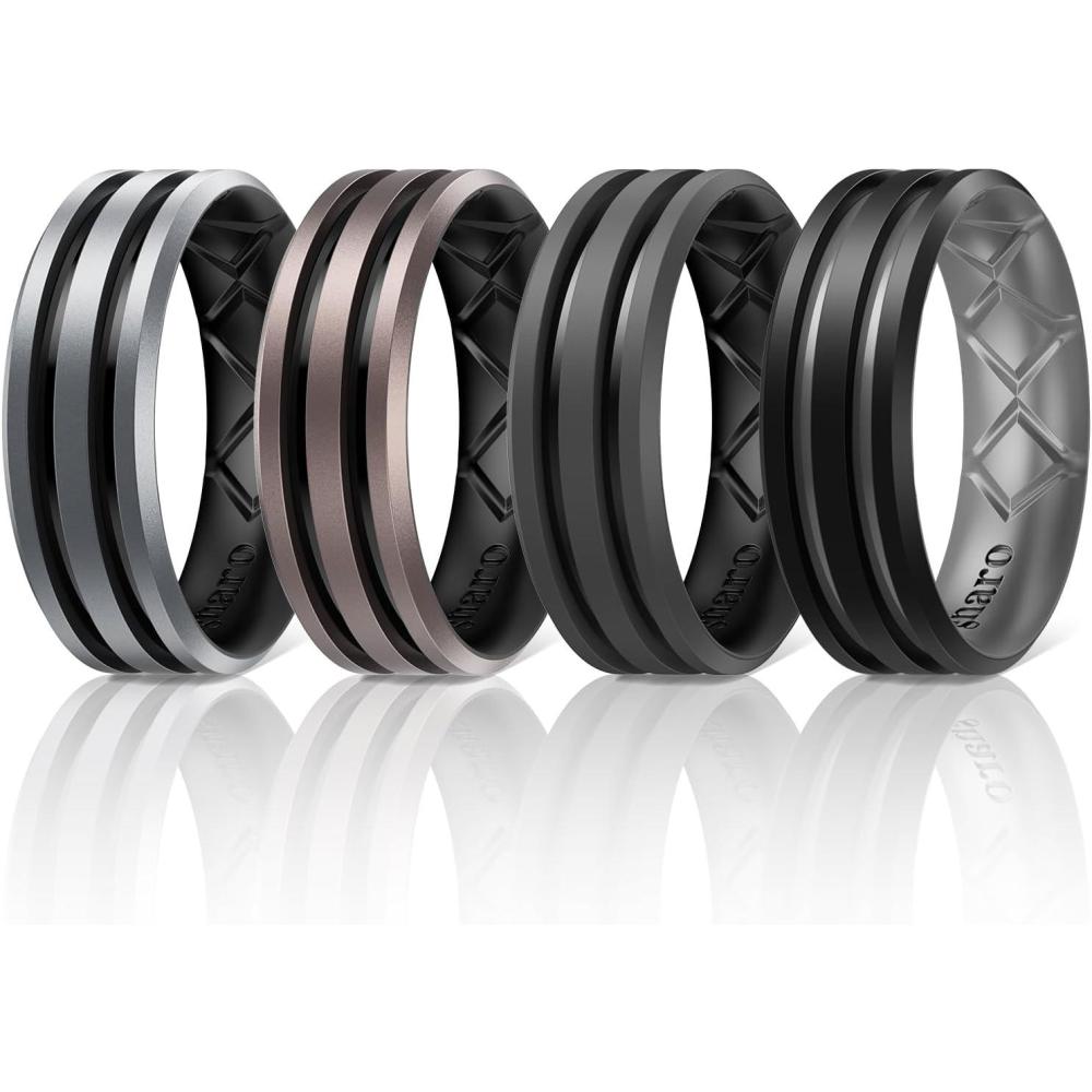 imageEgnaro Silicone Ring for Him with 2 Layers Multicolor Rubber Wedding Bands with Air Flow Grooves1467 Variety MultipackSETA2 Metallic SilverBlack  Metallic PlatinumBlack  Black GrayBlack  BlackLight Gray